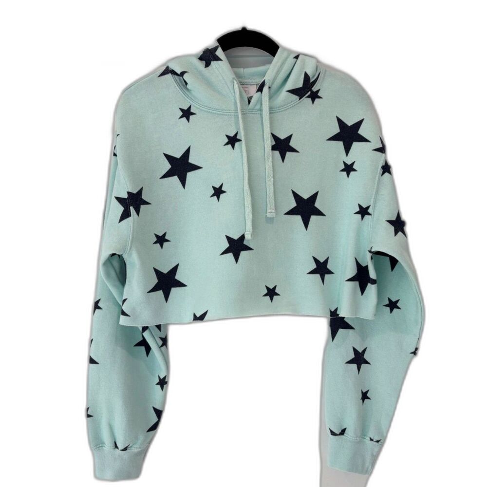 Bloom & Pop Mint Green Black Star Print Cropped Hoodie S